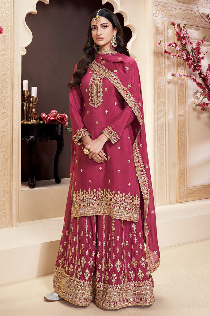 Maroon Color Embroidered Chinon Silk Unstitched Suit Fabric with Embroidered Palazzo