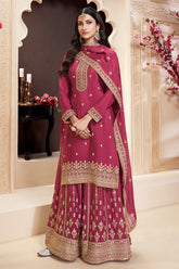 Maroon Color Embroidered Chinon Silk Unstitched Suit Fabric with Embroidered Palazzo