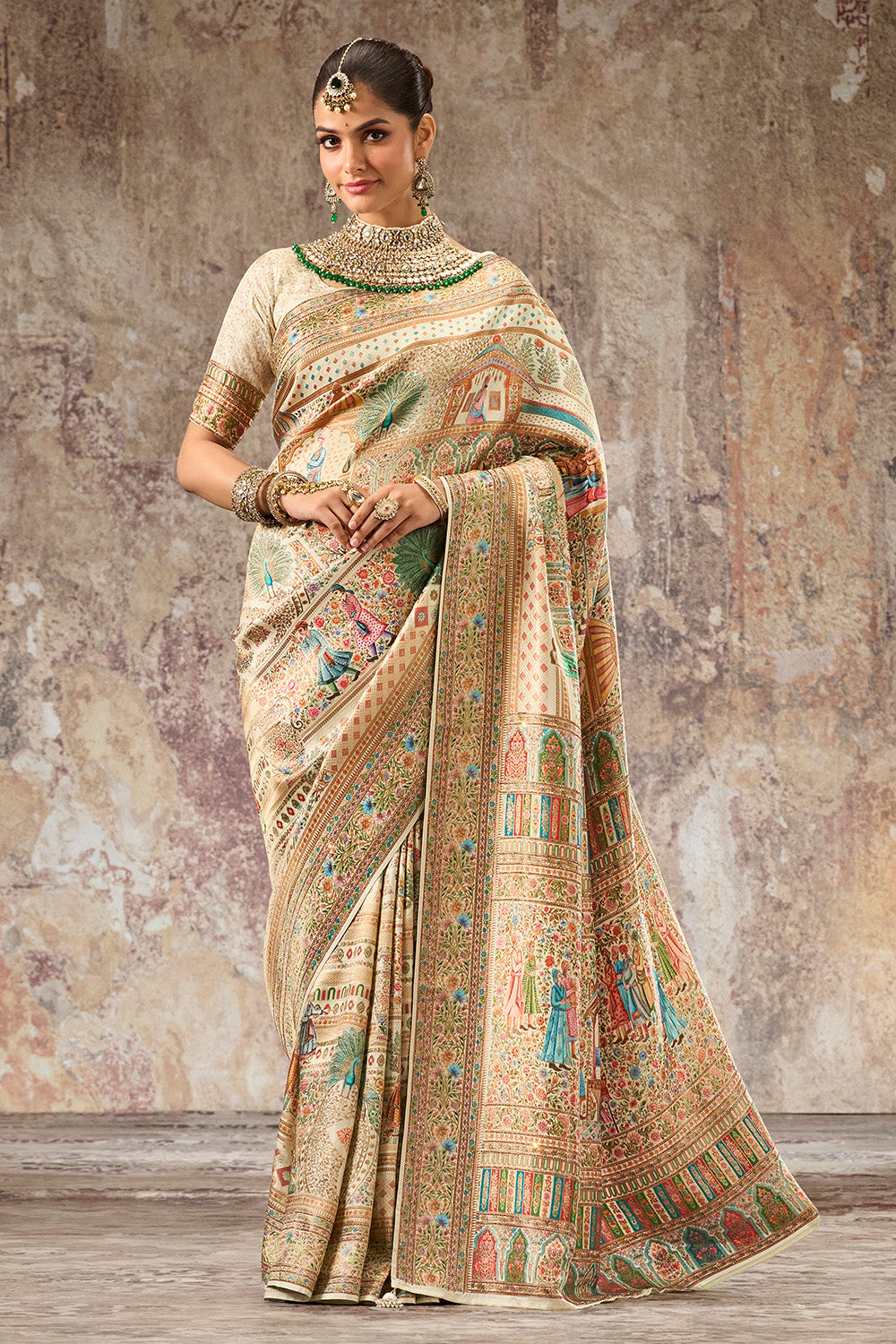 Cream Color Position Print Woven Silk Saree With Swarovski Work
