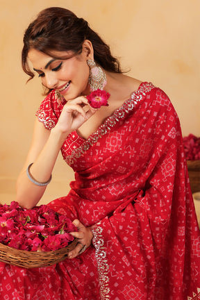 Red Color Ikat Patola Modal Silk Saree with Gota Patti Border