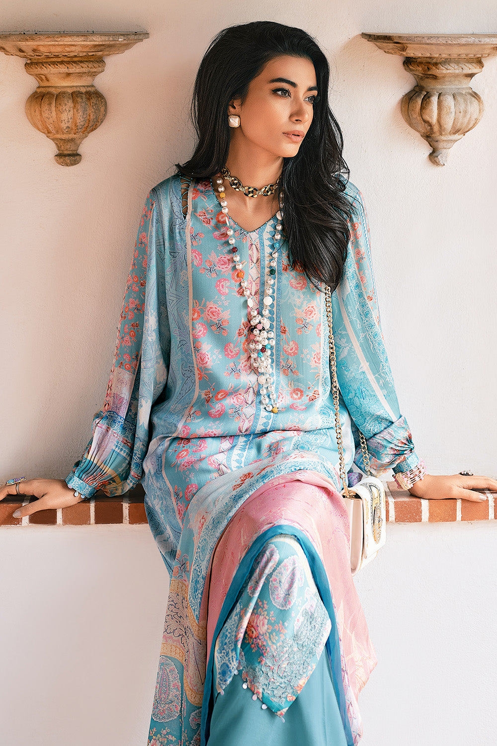 Turquoise Color Satin Floral Printed Unstitched Suit Material