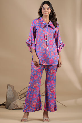 Purple Colour Muslin Printed Co-Ord Set
