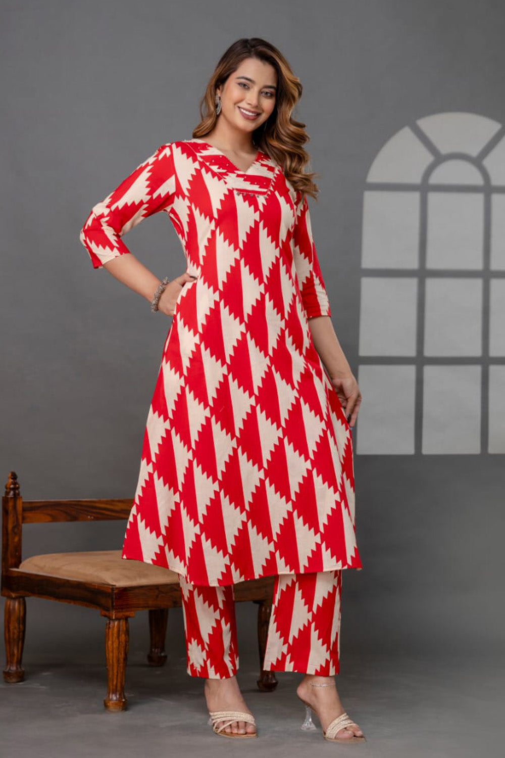 Beige And Red Printed Cotton Kurta Set