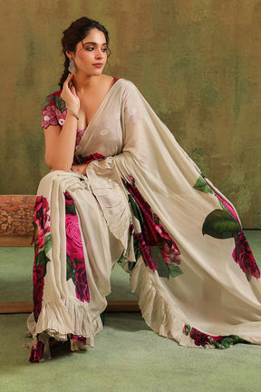 Cream Pure Crepe Silk Floral Printed Ruffled Saree With Readymade Cut-Dana Embroidered Blouse