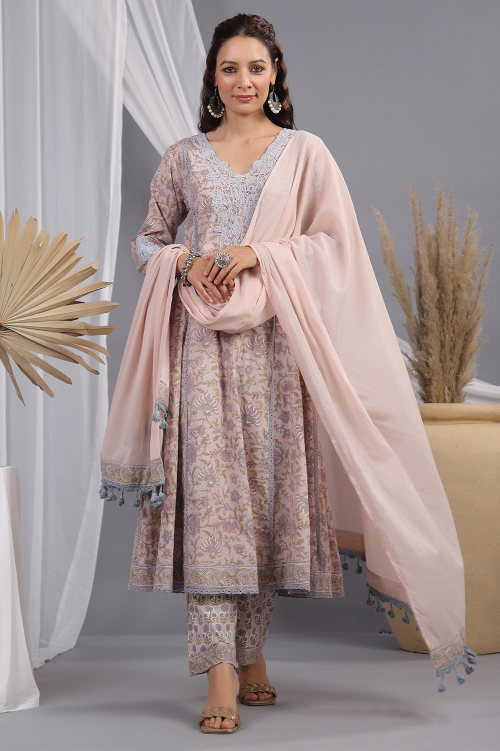 Dusty Peach Color Floral Printed & Lace Work Anarkali Suit