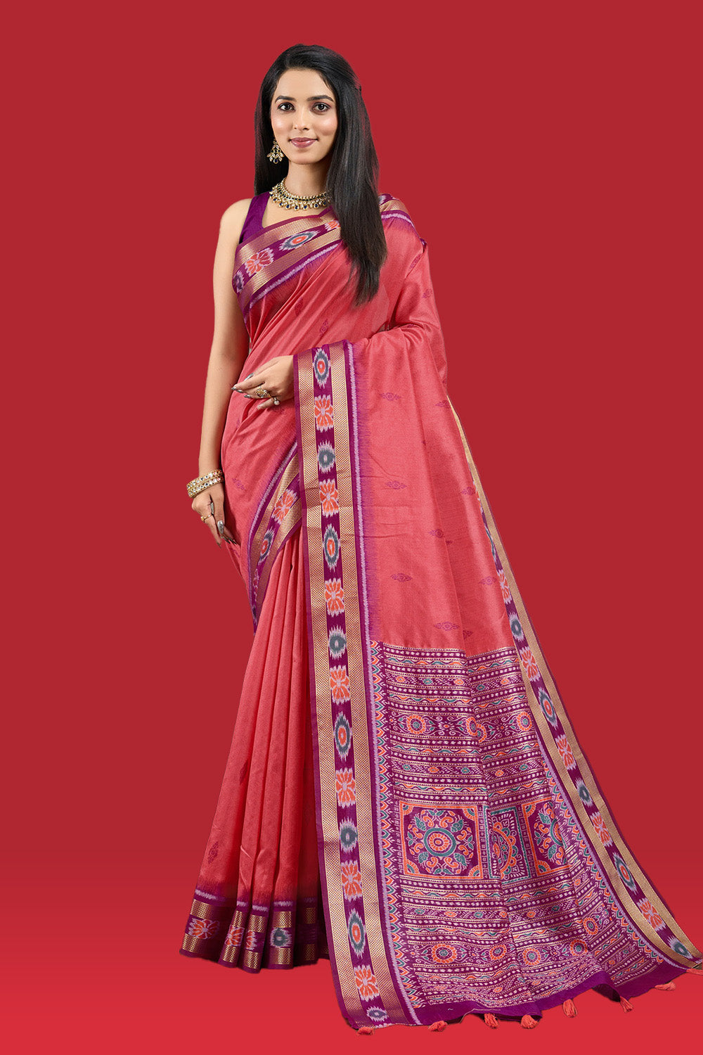Dark Pink Color Woven Maheshwari Cotton Saree