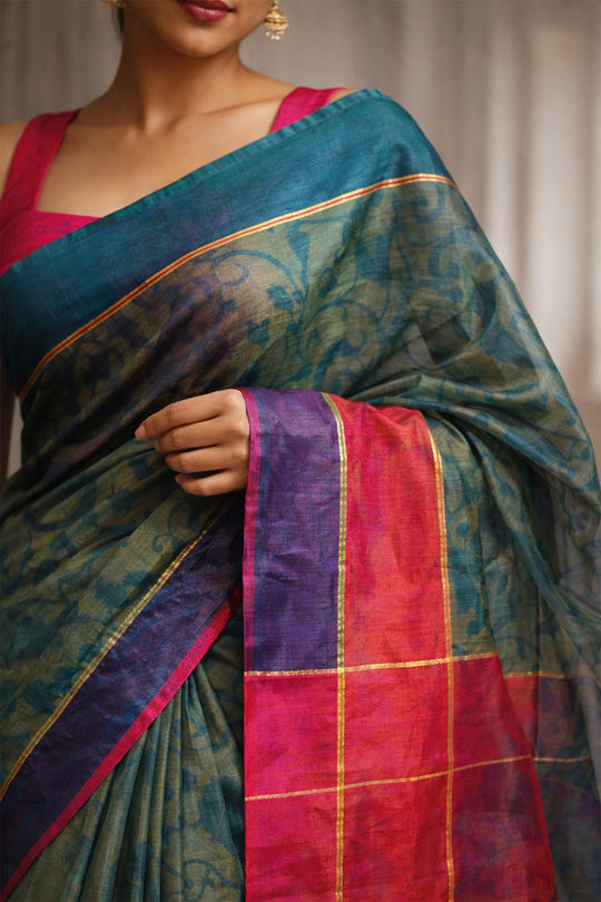 Green Chanderi Cotton Printes Saree