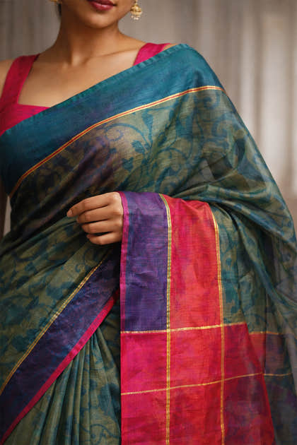 Green Chanderi Cotton Printes Saree