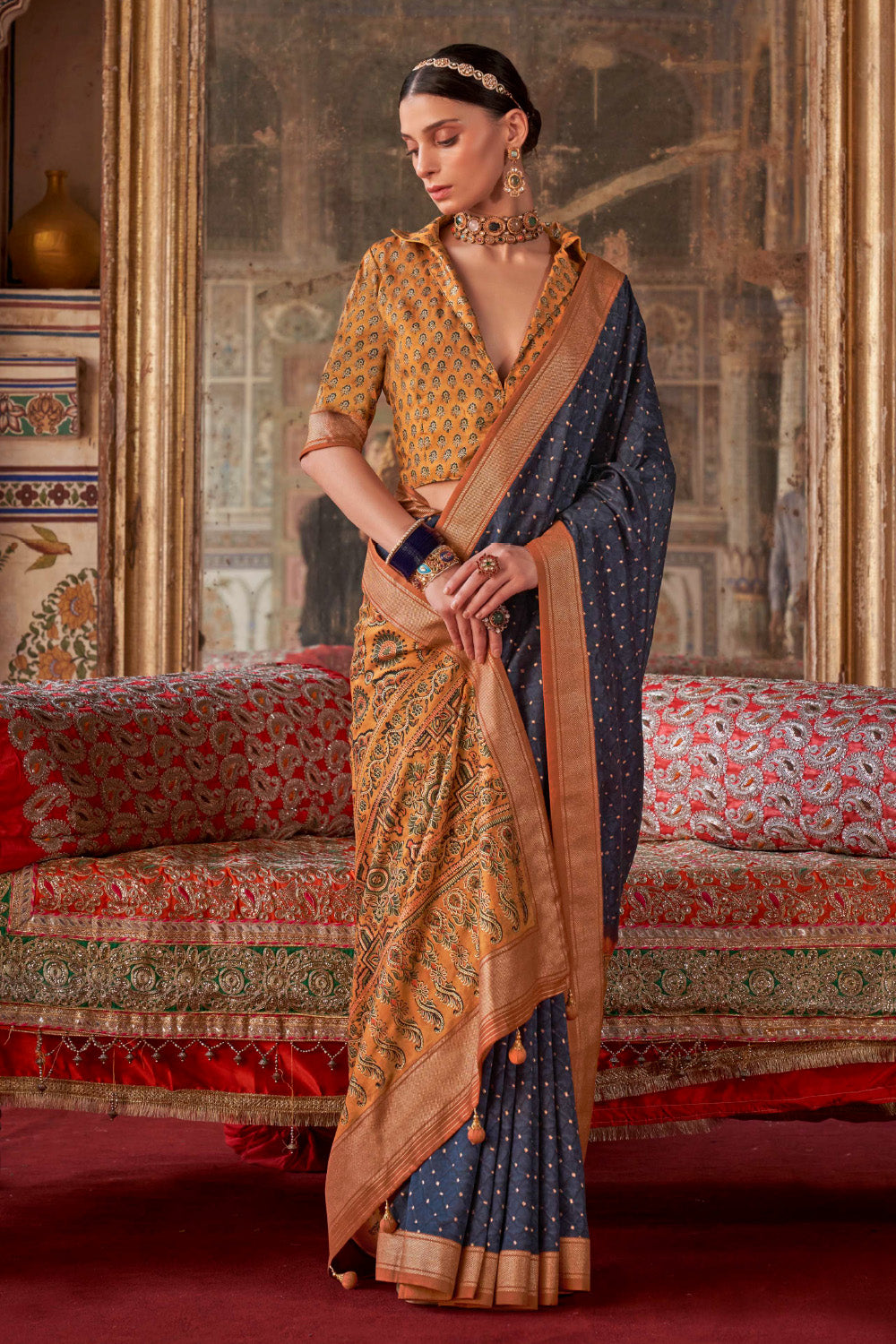 Navy & Mustard Color Bandhani Printed Gajji Silk Saree