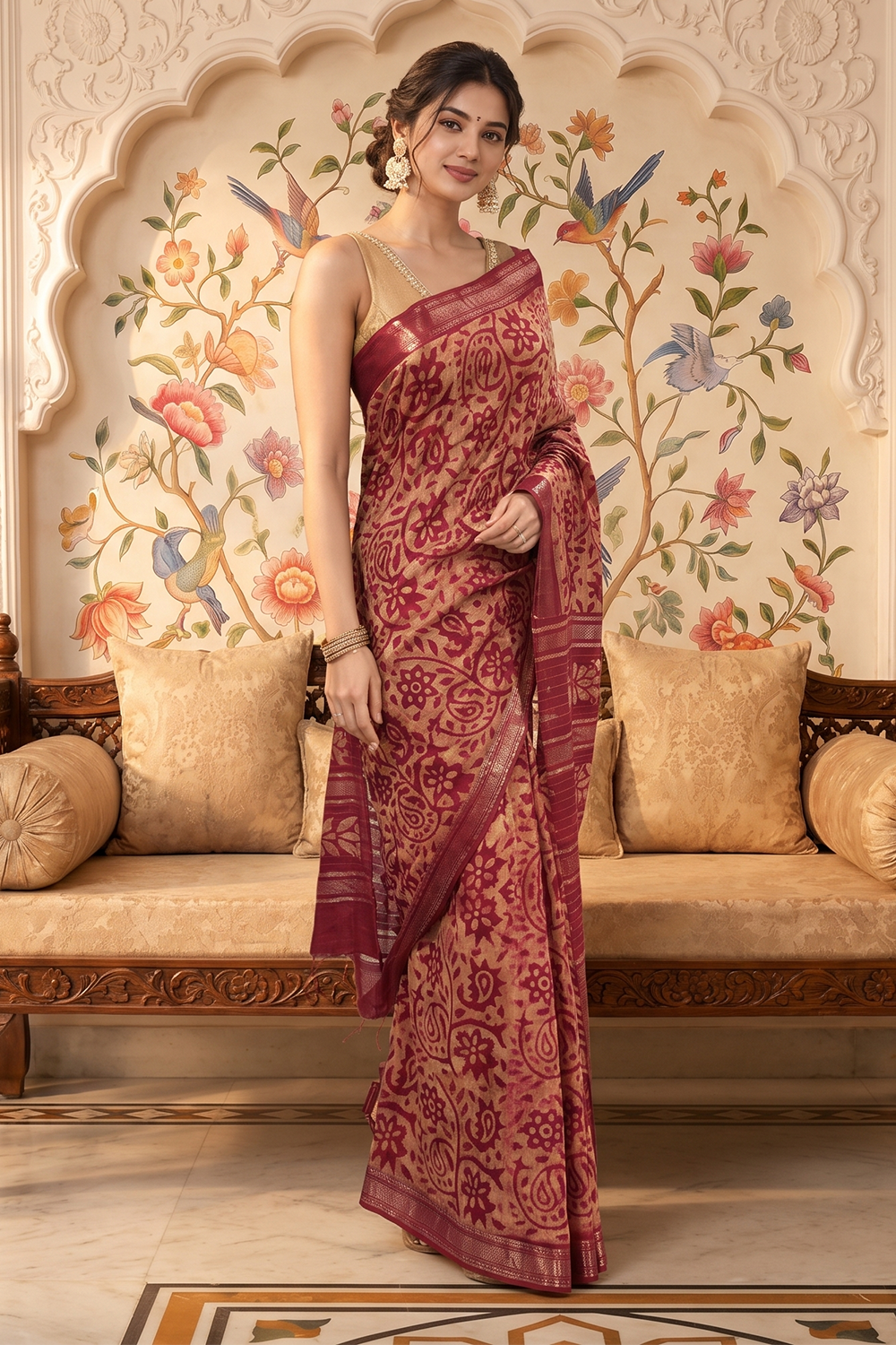 Red And Beige Cotton Printed And Woven Border Saree