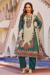 Teal & Beige Spun Mughal-Inspired Paisley Printed Unstitched Suits Material