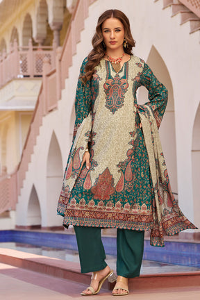 Teal & Beige Spun Mughal-Inspired Paisley Printed Unstitched Suits Material