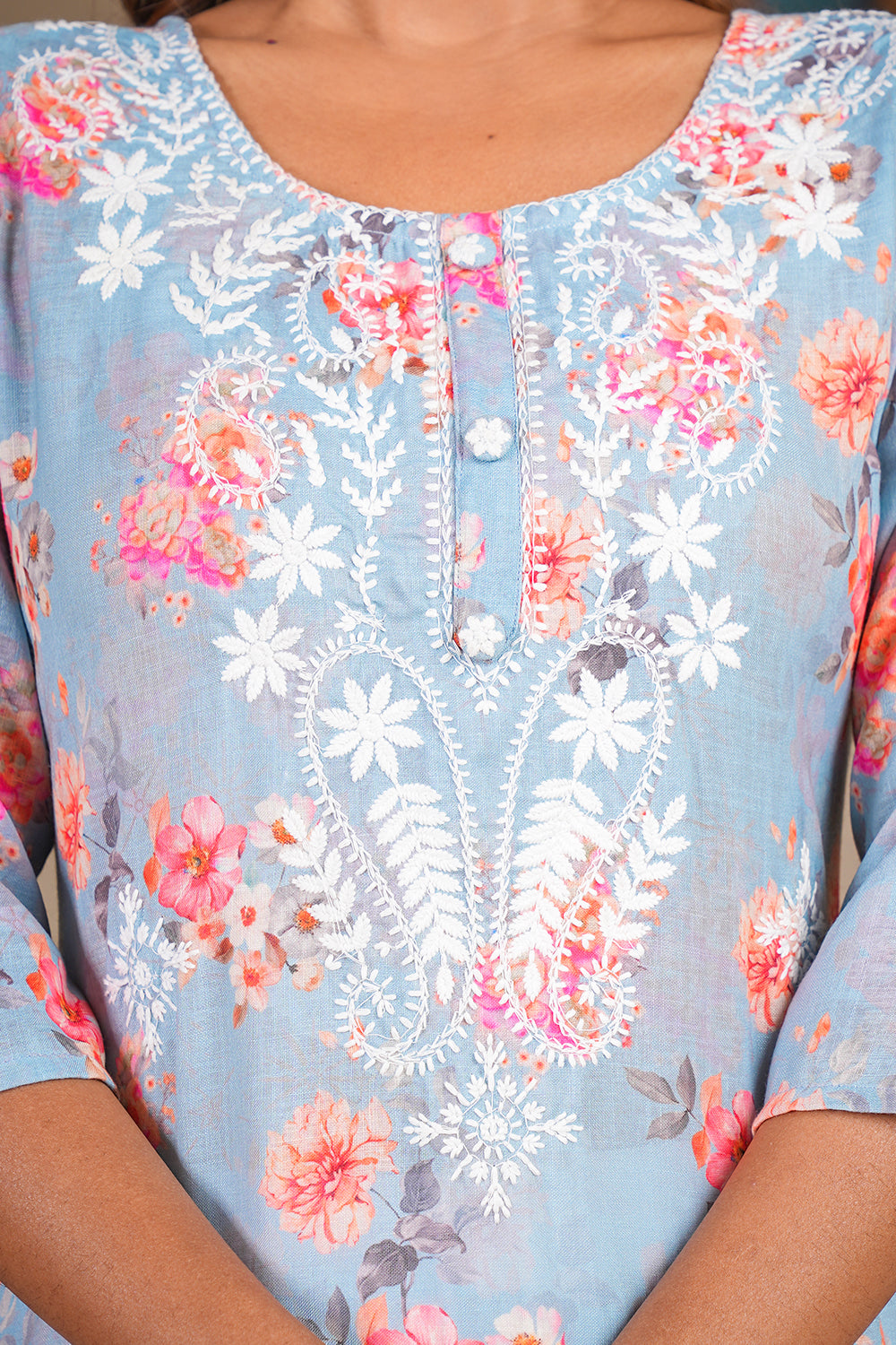 Powder Blue Color Floral Printed Cotton Long Kurti Set
