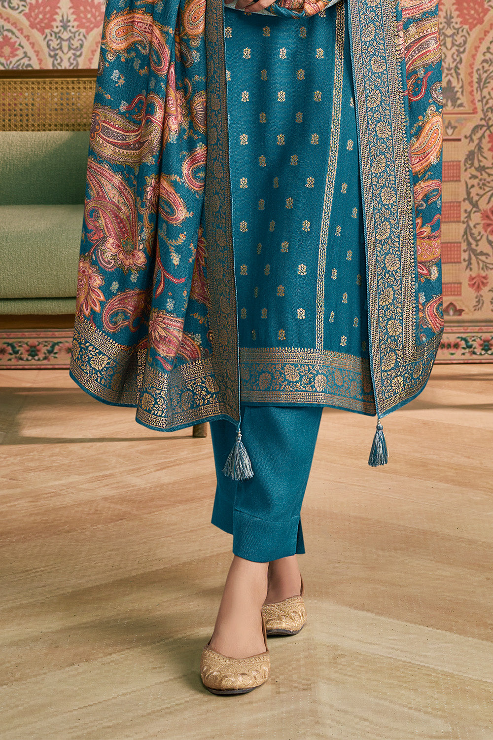 Blue Color Pashmina Woven Unstitched Suit Material