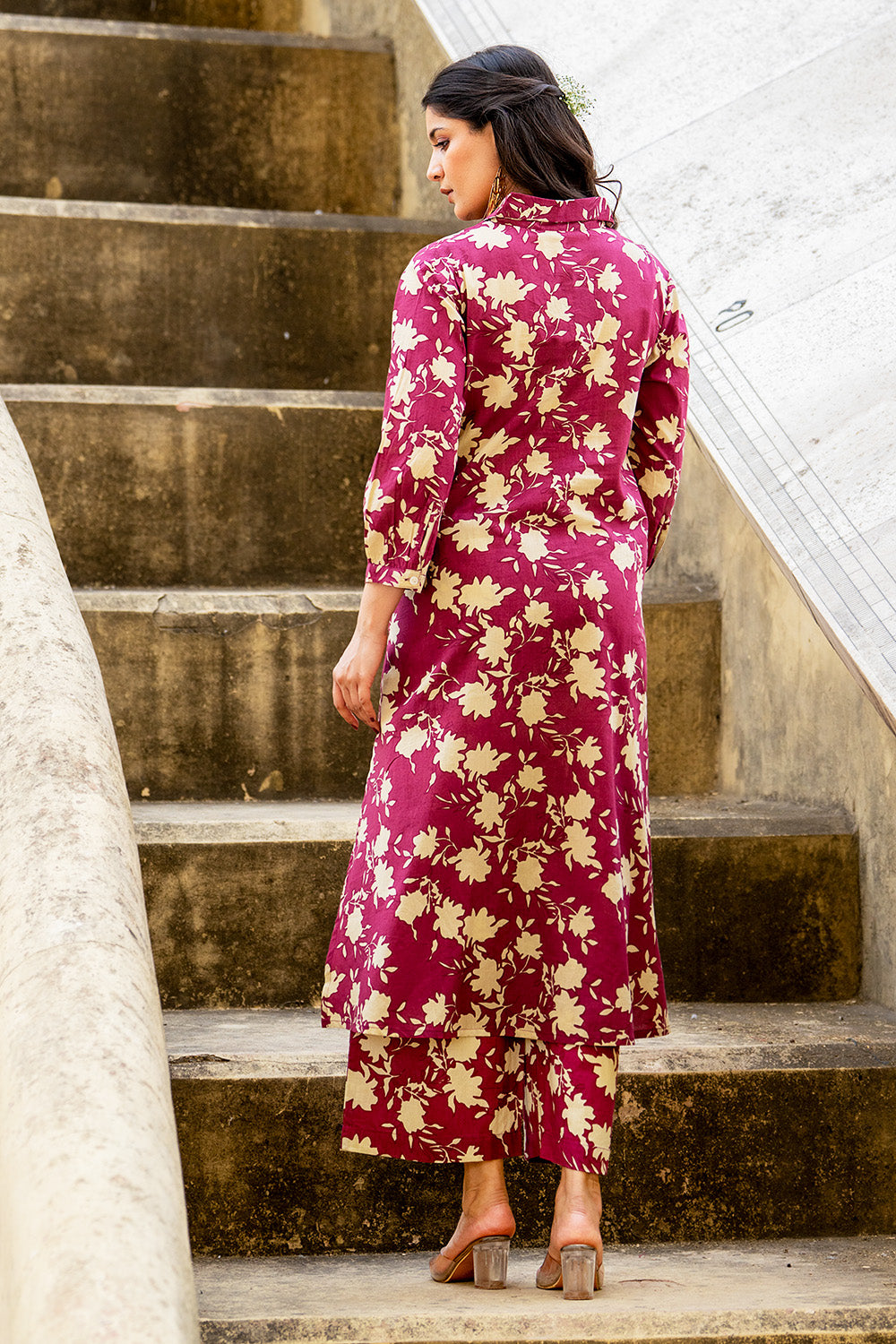 Wine Floral Vine Printed  Cotton Kurta Set