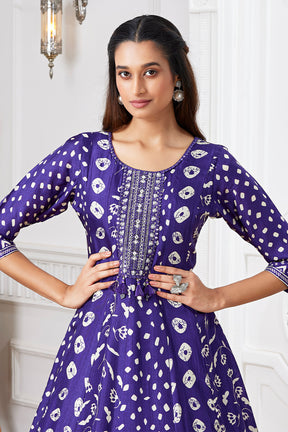 Dark Violet Color Crepe Silk Printed &amp; Neck Embroidered Anarkali Kurti
