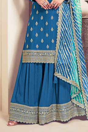 Blue Silk Embroidered Unstitched Suit Material With Readymade Palazzo