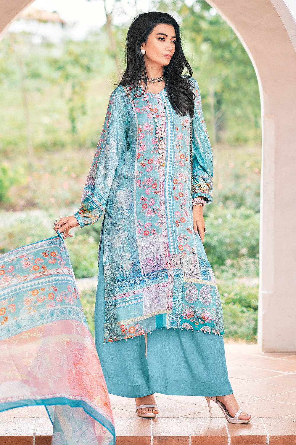Turquoise Color Satin Floral Printed Unstitched Suit Material