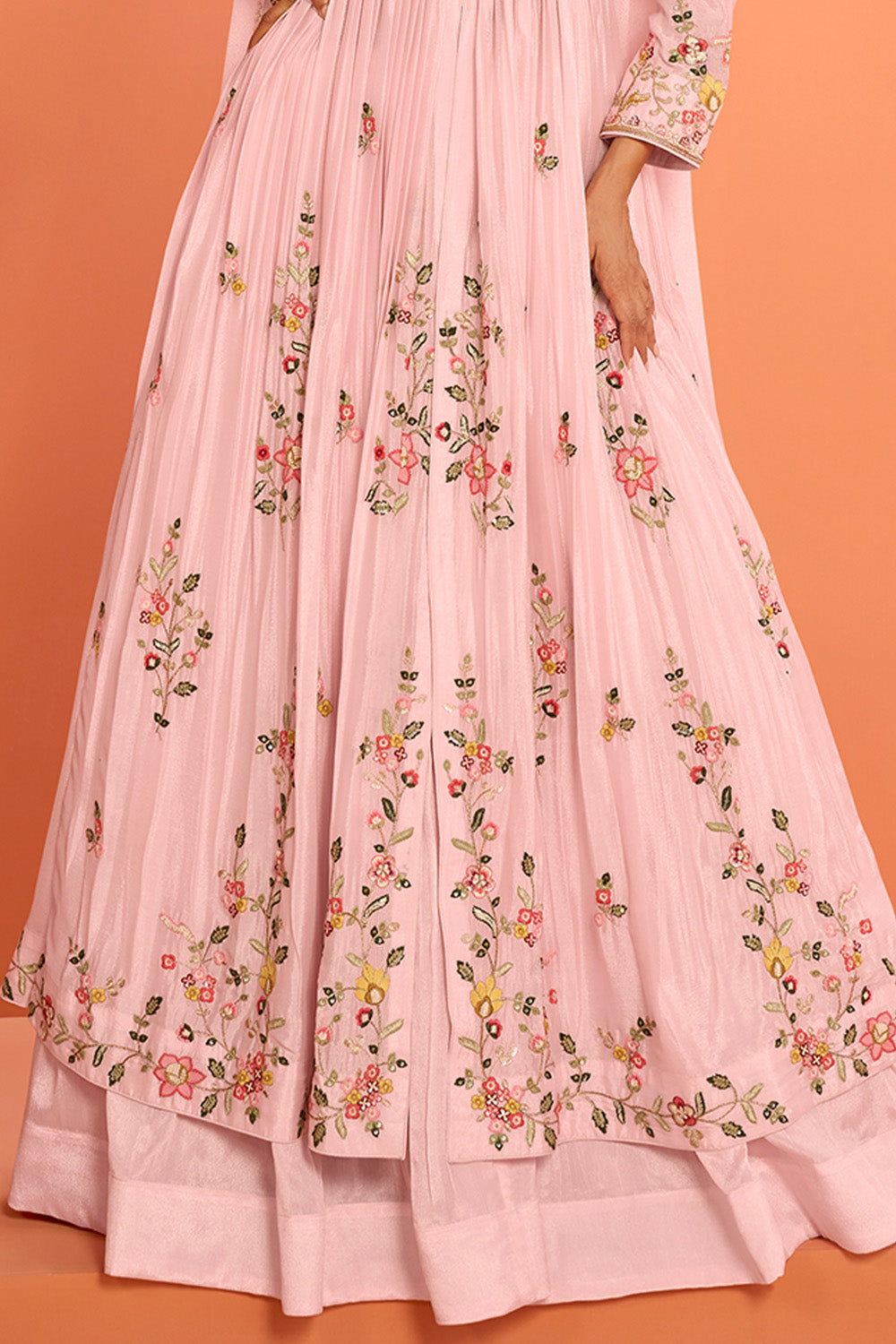 Baby Pink Crepe Silk Embroidered Anarkali Suit With Skirt