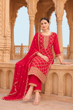 Red Crepe Silk Zari Woven And Embroidered Unstiched Suit Material
