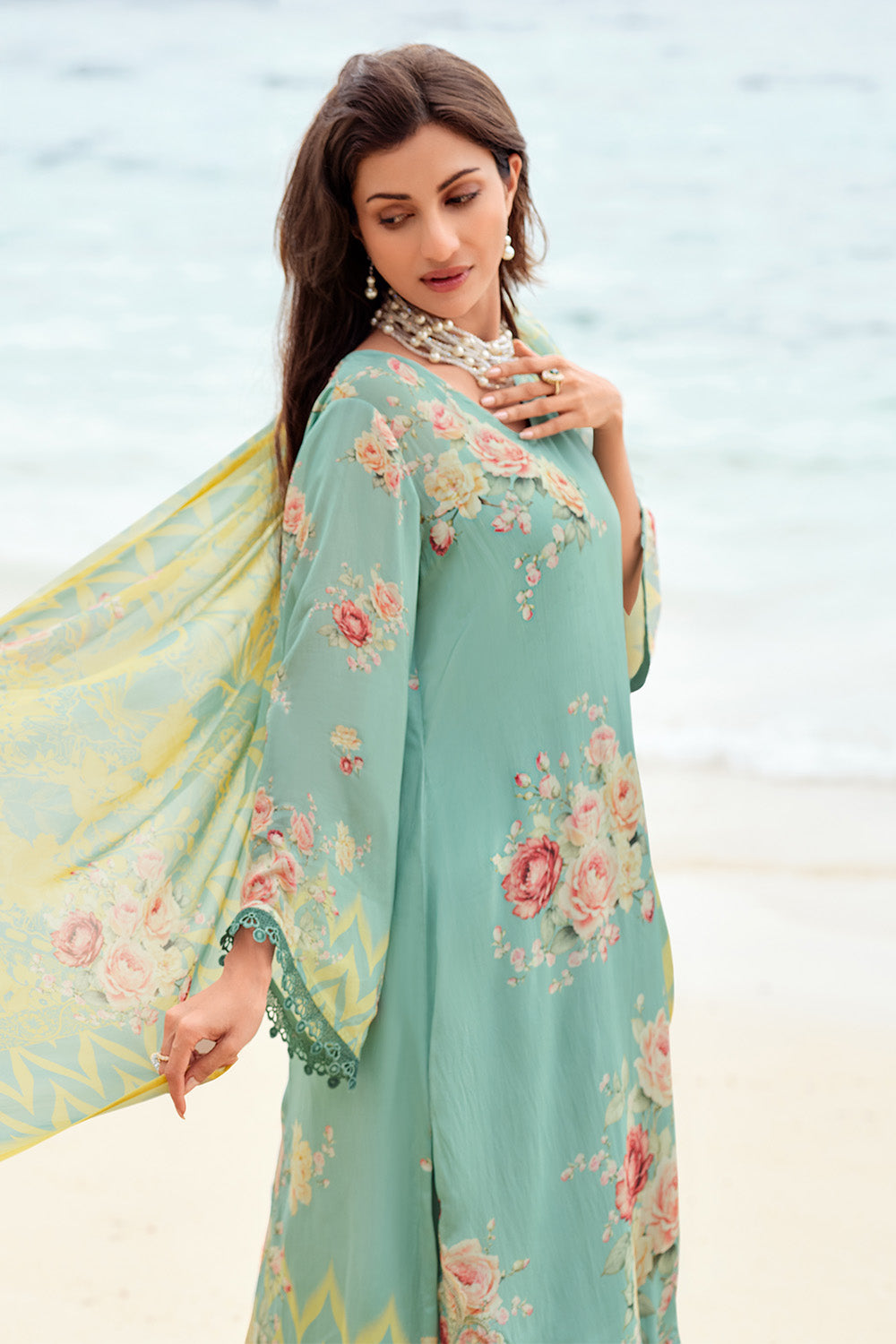 Sea Green Color Floral Printed Organza Tissue Suit
