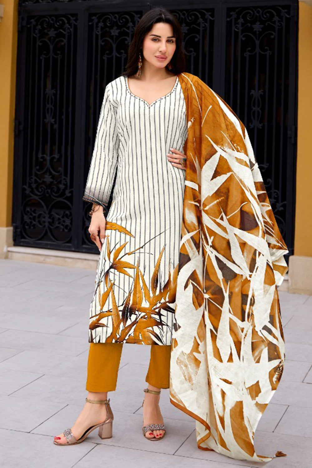 White And Mustard Color Cotton Floral Printed Unstitched Suit Fabric