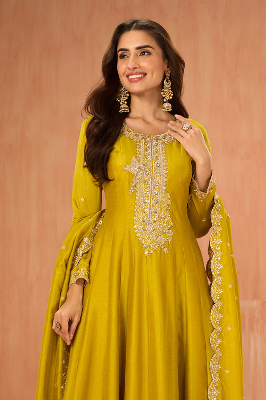 Mustard Crepe Silk Zari and Sequins Embroidered Anarkali Suit