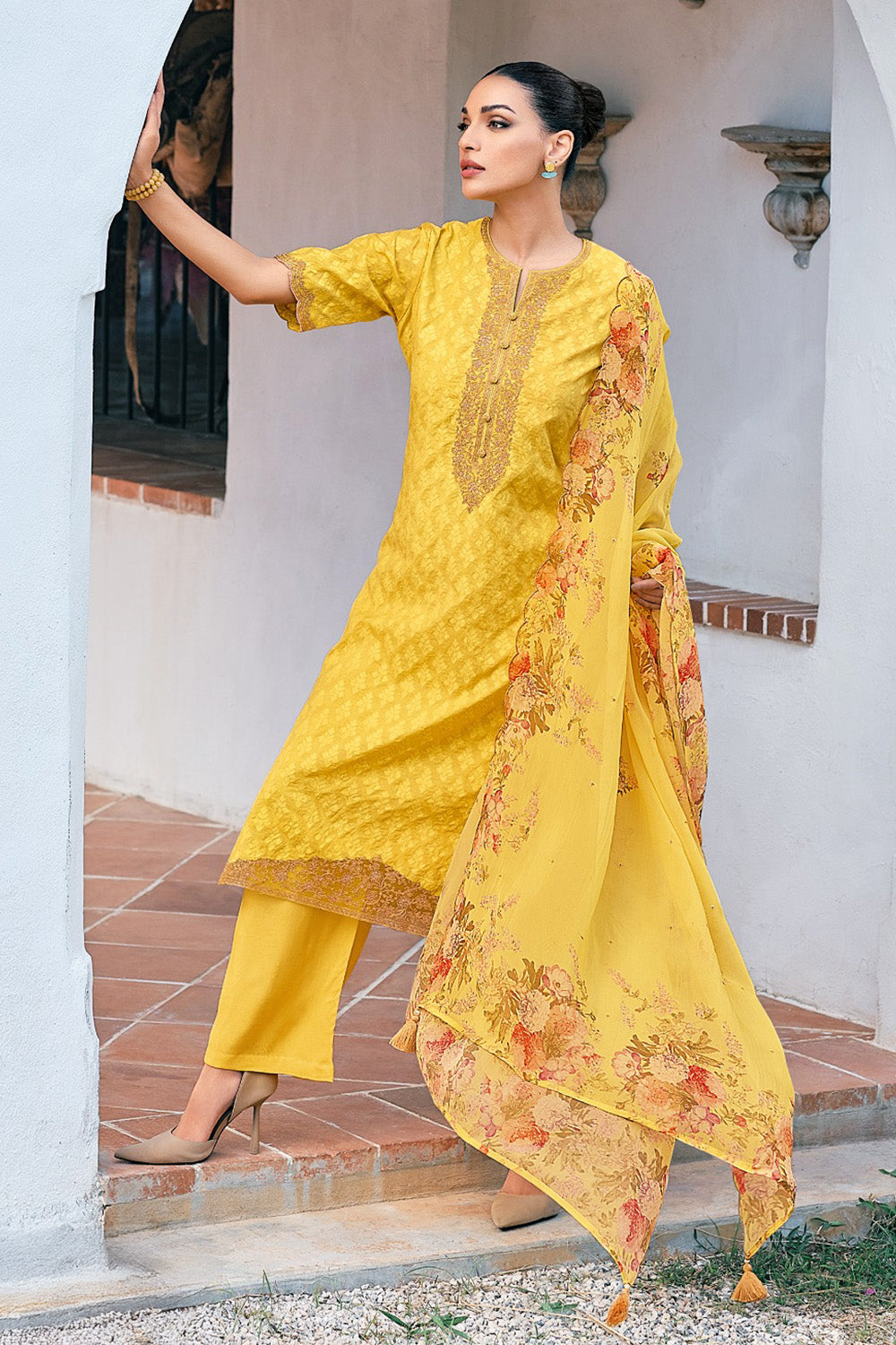 Mustard Printed And Embroidered Cotton Unstitched Suit
