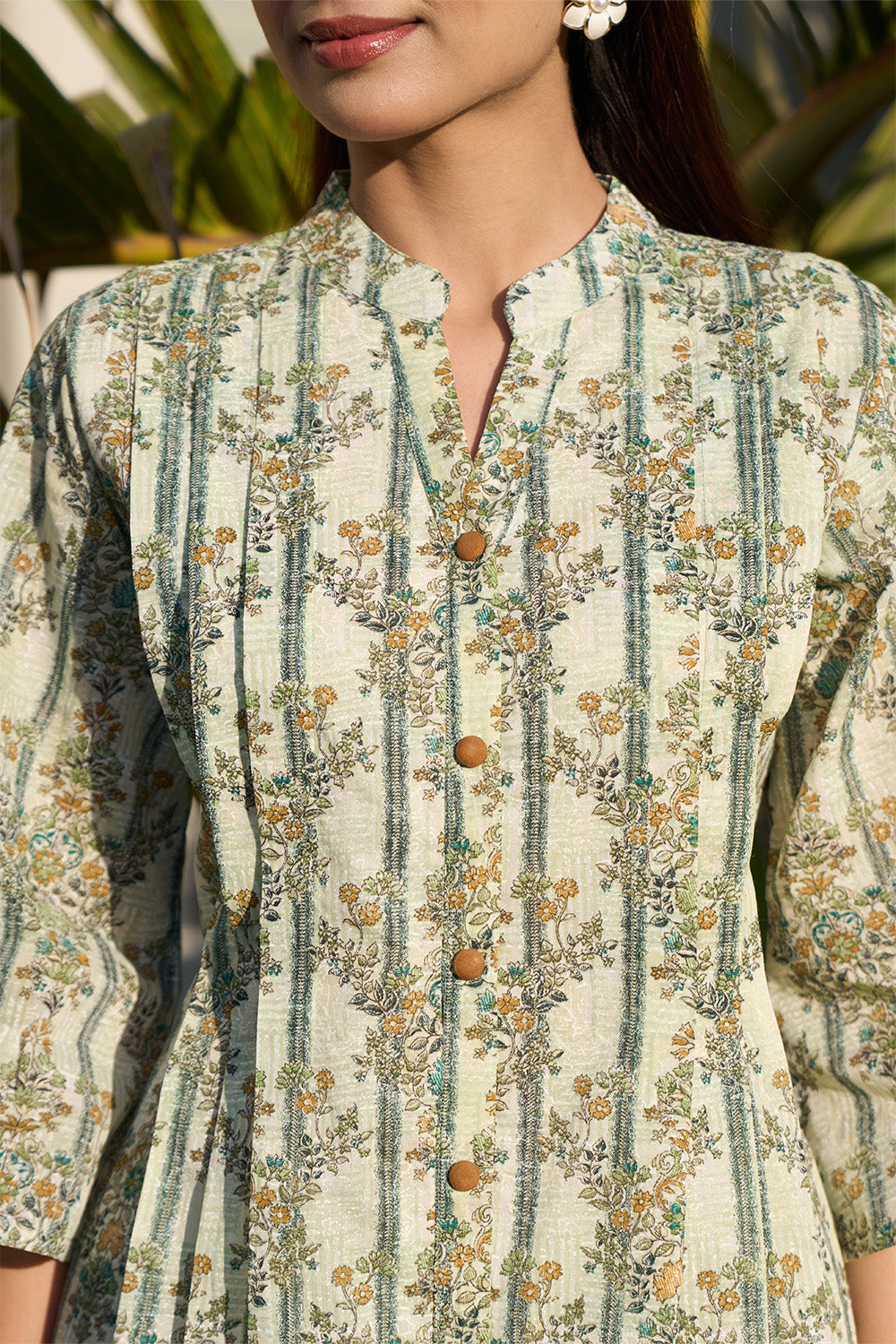 Pista Green Floral Printed Cotton Long Kurta Set