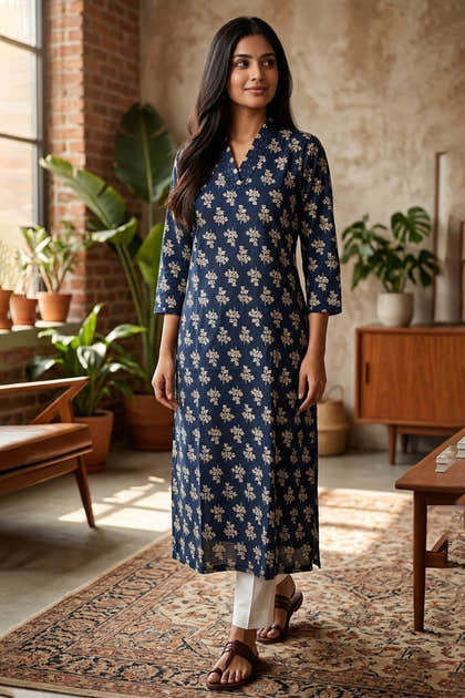 Navy Floral Printed Cotton Kurta