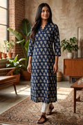 Navy Floral Printed Cotton Kurta