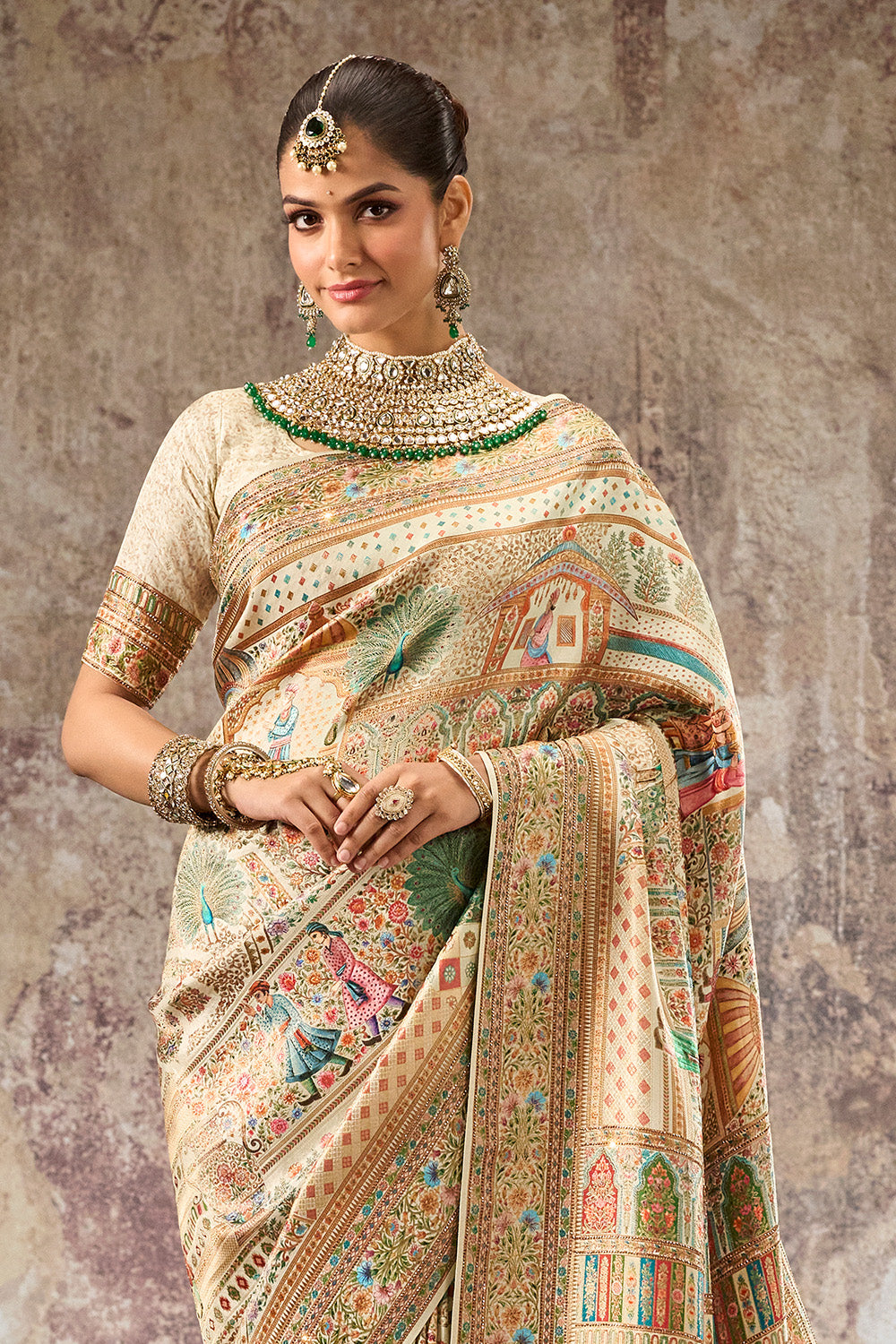Cream Color Position Print Woven Silk Saree With Swarovski Work