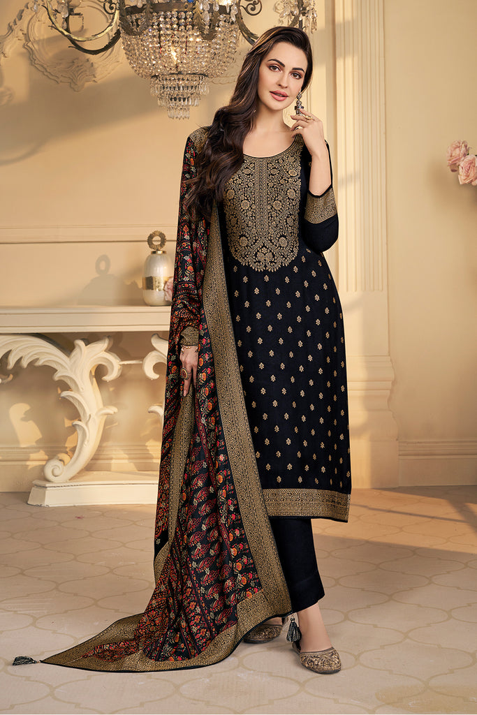 Black Pashmina Zari Woven Unstitched Suit Fabric