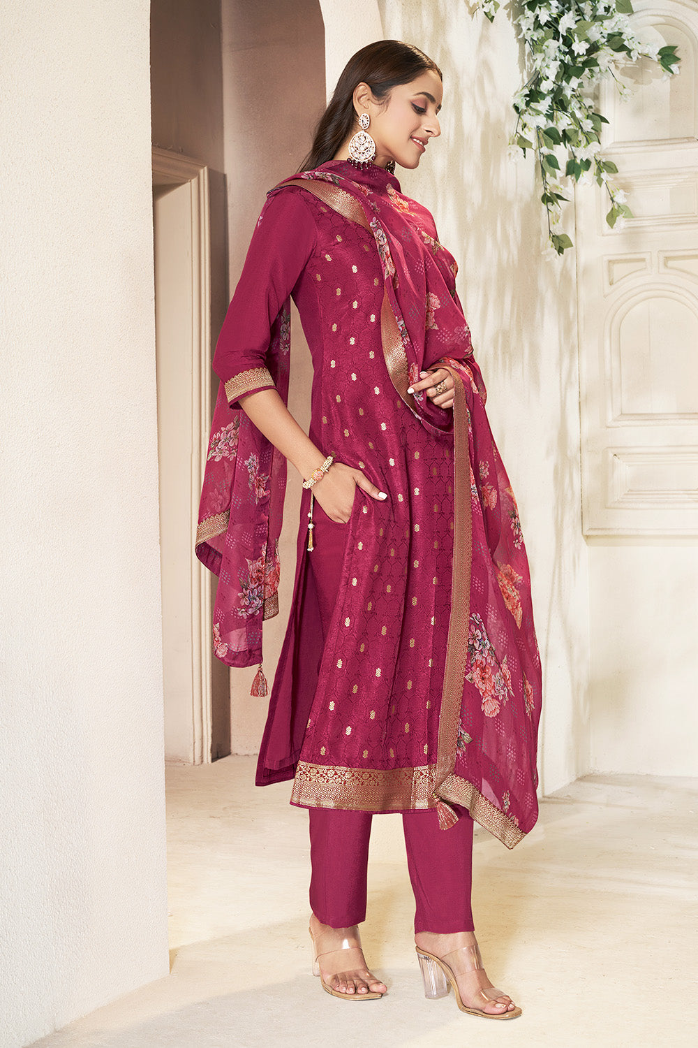 Maroon Color Silk Woven Straight Suit