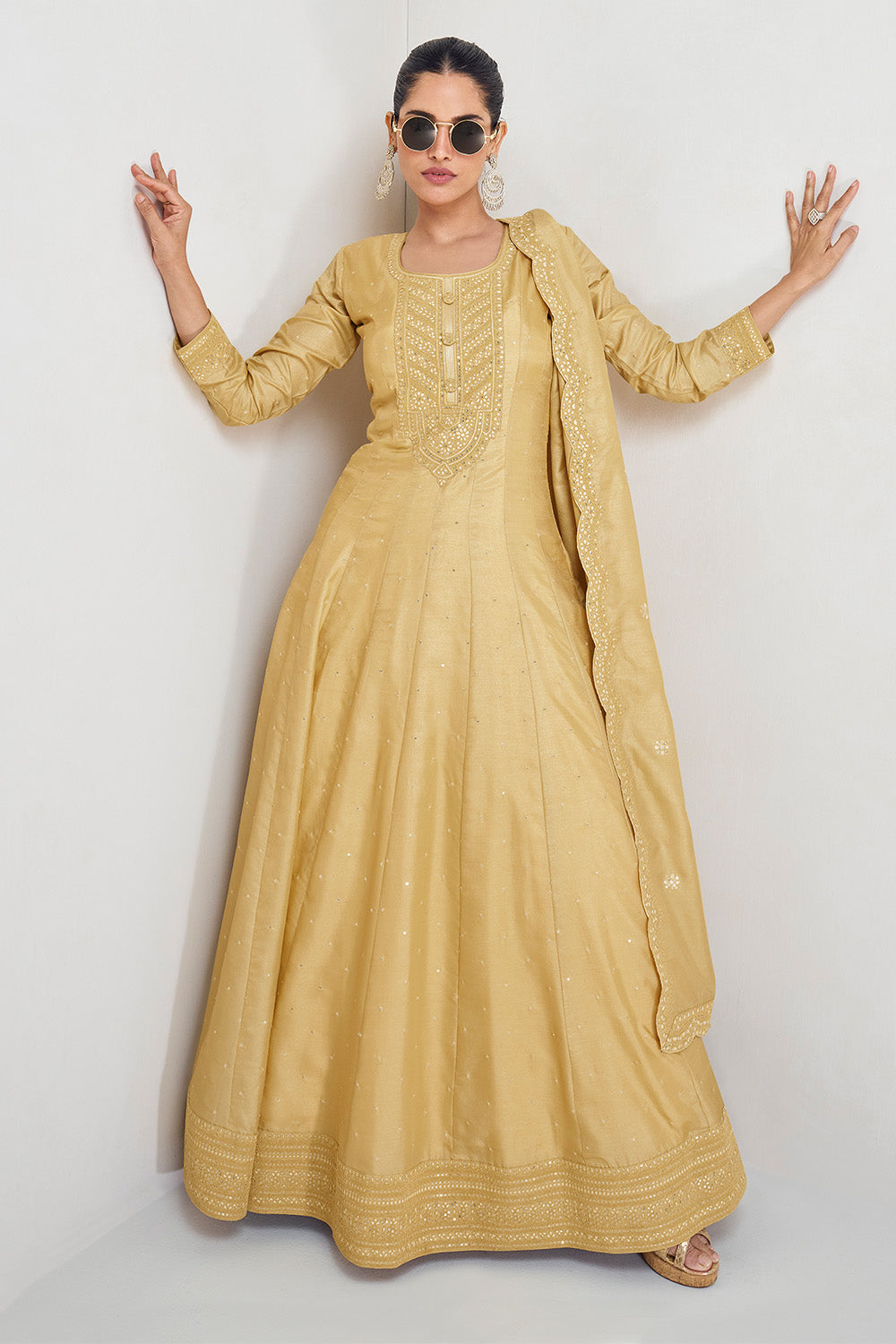 Lemon Yellow Color Silk Embroidered Anarkali Kurti
