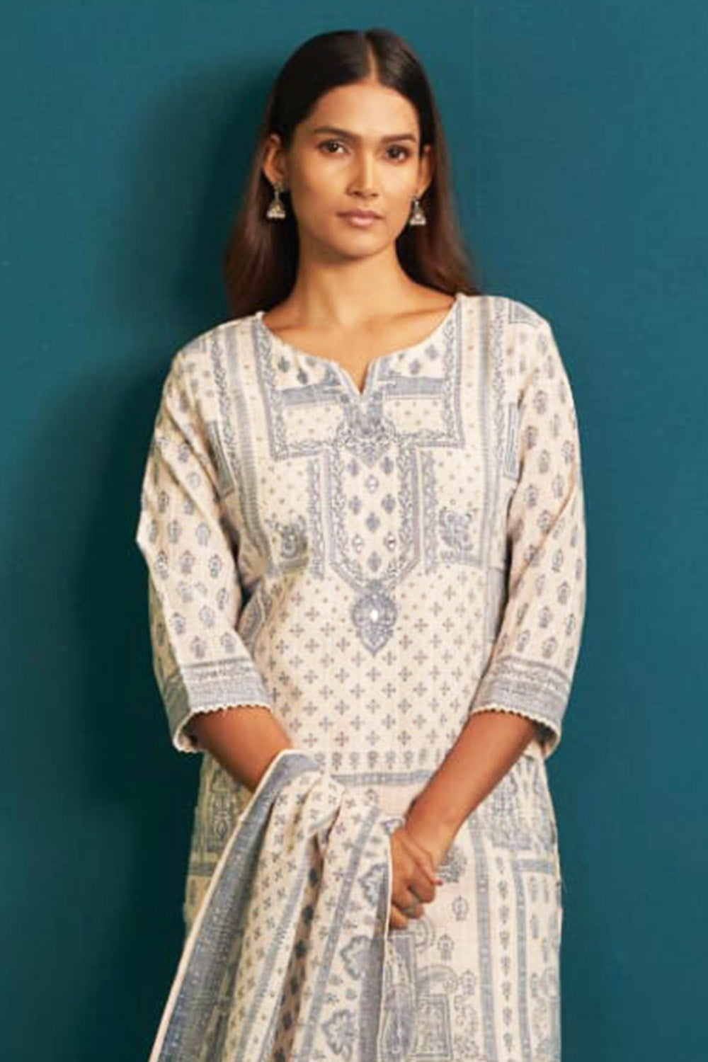 Cream and Blue Color Khadi Cotton Printed Suit