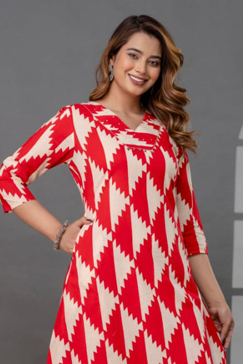 Beige And Red Printed Cotton Kurta Set
