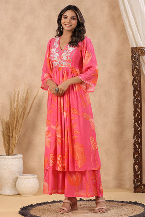 Magenta Color Muslin Printed Front Slit Kurta With Sharara