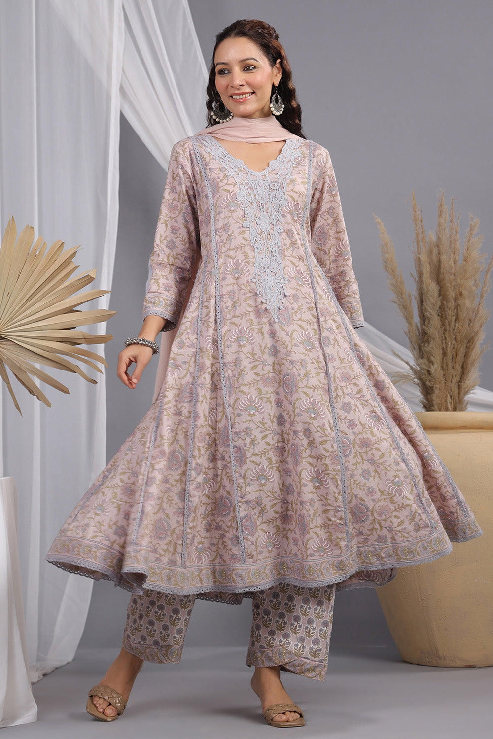Dusty Peach Color Floral Printed & Lace Work Anarkali Suit