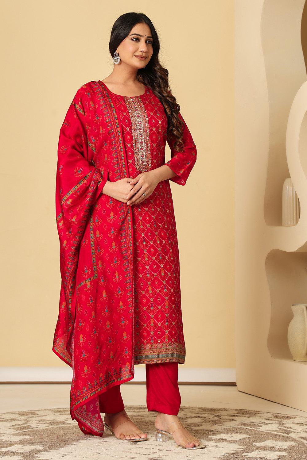 Maroon Silk Resham Woven Suit Set