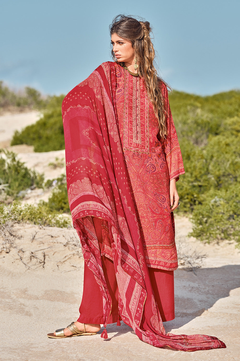 Red Color Printed Muslin Unstitched Suit