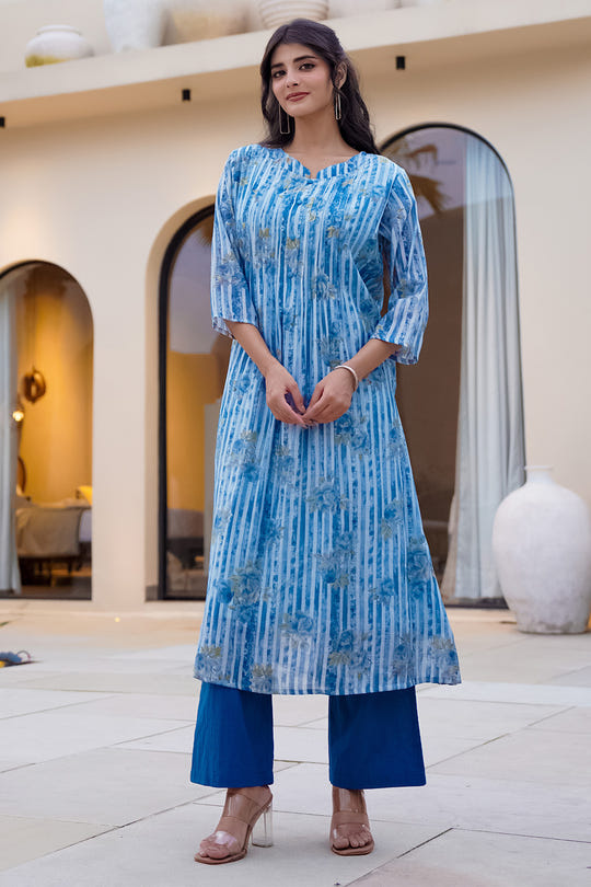 Blue Floral Printed Muslin Kurta Set