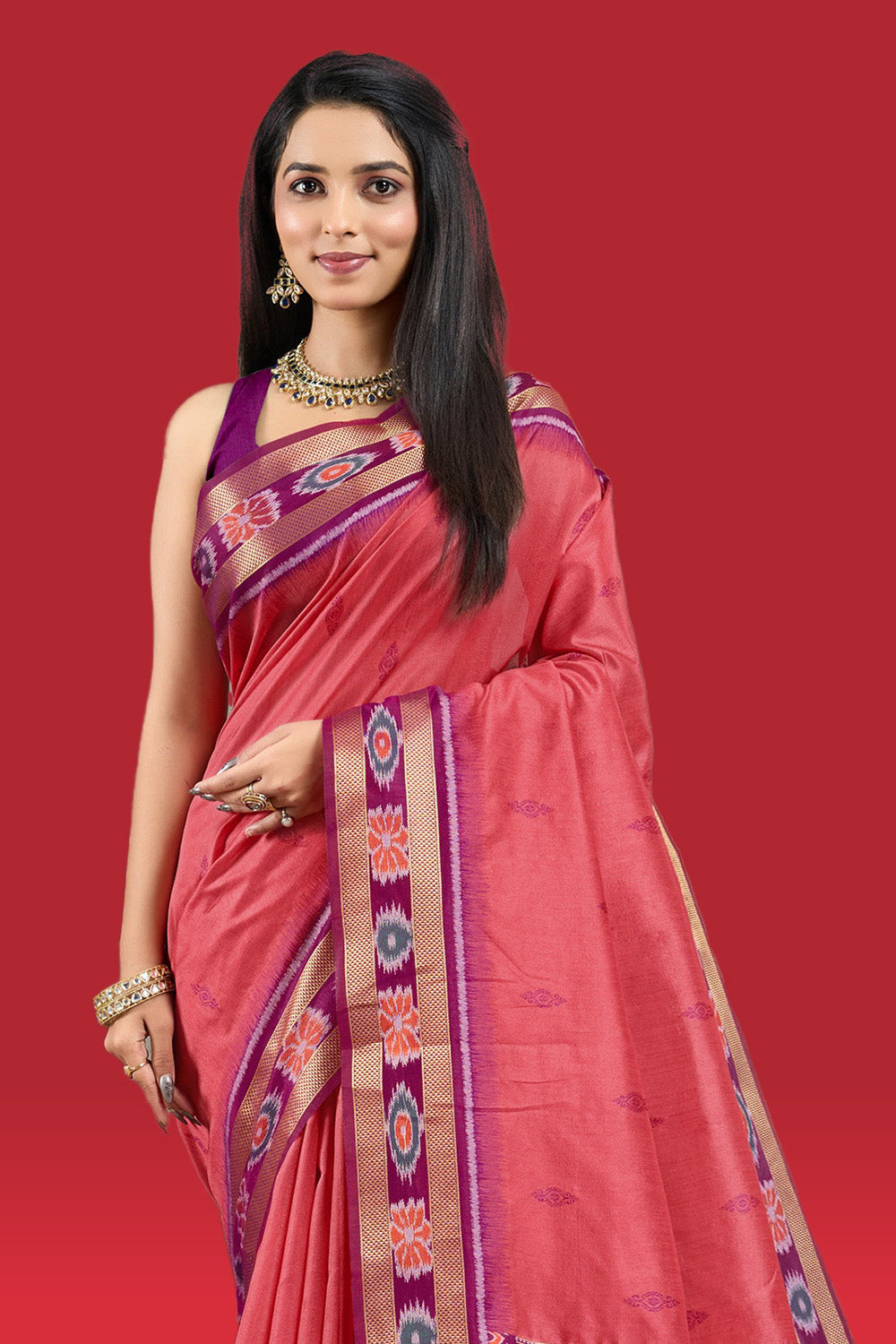 Dark Pink Color Woven Maheshwari Cotton Saree