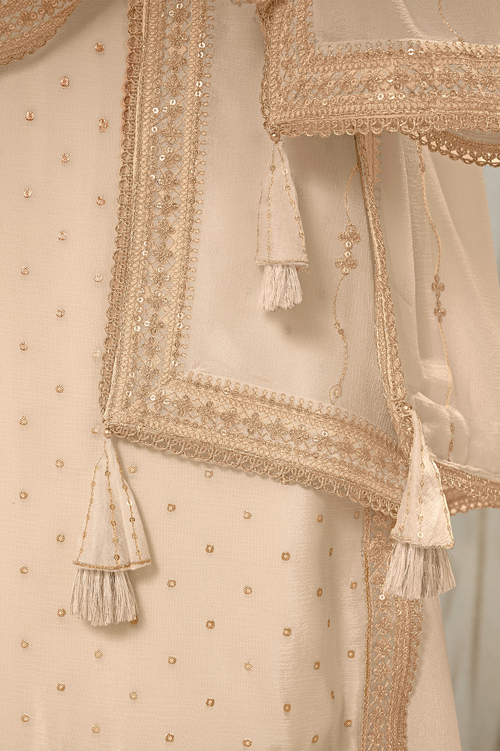 Cream Crepe Silk Zari Embroidered Suit With Embroidered Palazzo