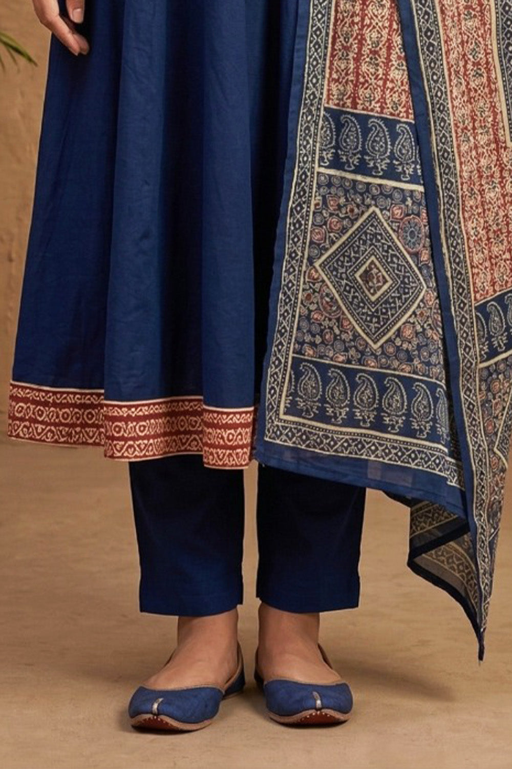Navy Neck-Printed Cotton Anarkali Suit