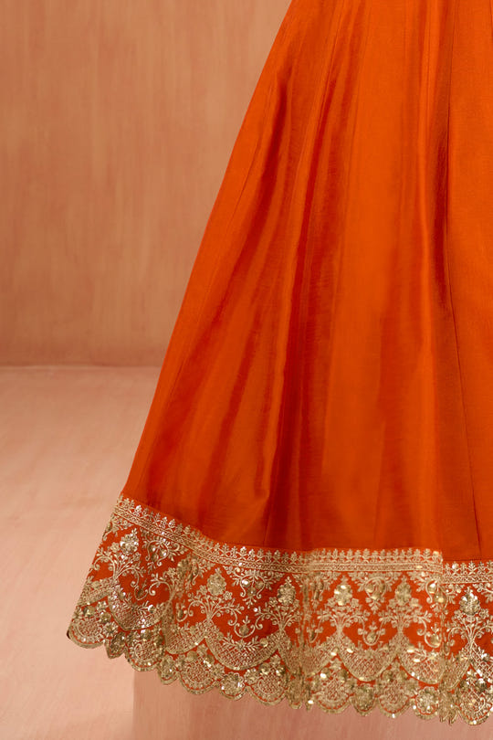 Orange Crepe Silk Zari and Sequins Embroidered Anarkali Suit