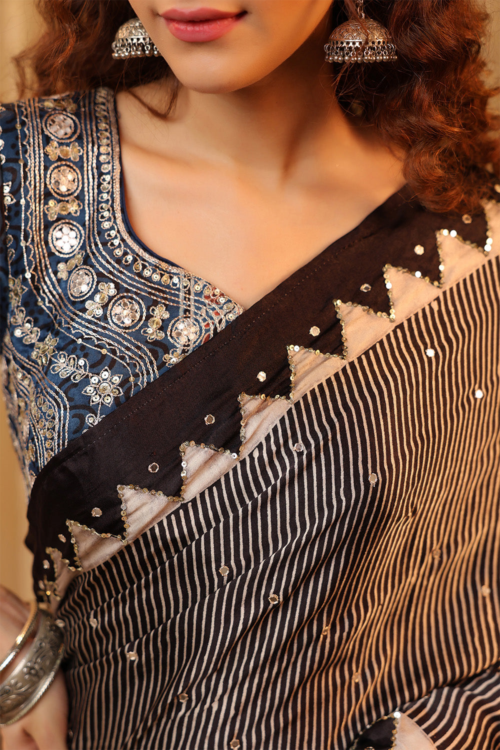 Black & Blue Pure Mulberry Silk Printed And Embroidered Saree