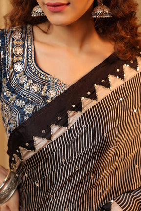 Black & Blue Pure Mulberry Silk Printed And Embroidered Saree