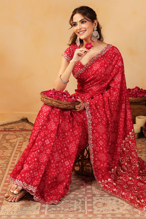 Red Color Ikat Patola Modal Silk Saree with Gota Patti Border