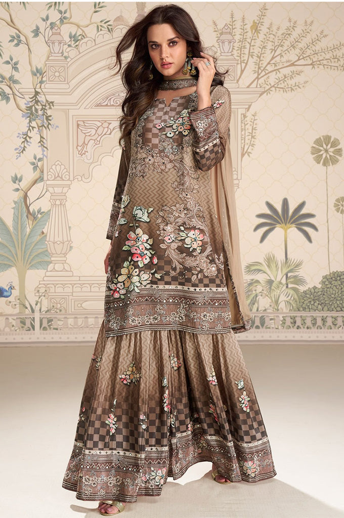 Brown Crepe Silk Mirror And Swarovski Embroidered Printed Suit With Gharara